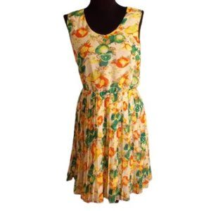 Charming Charlie S Floral Summer Dress Pleated Skirt V Neck Fruit Limes Oranges